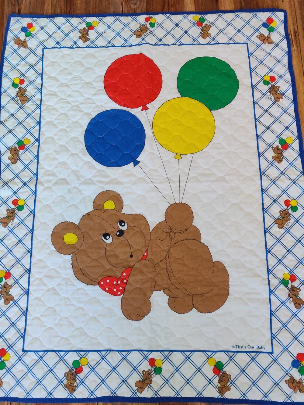 That’s Our Baby Quilted Baby Blanket Bear Balloons Crib 34 x 43 Vintage Blue Boy